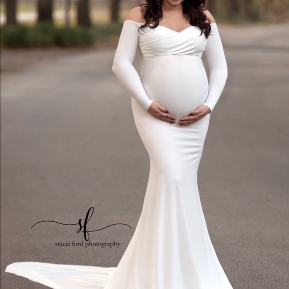 white maternity dress off the shoulder